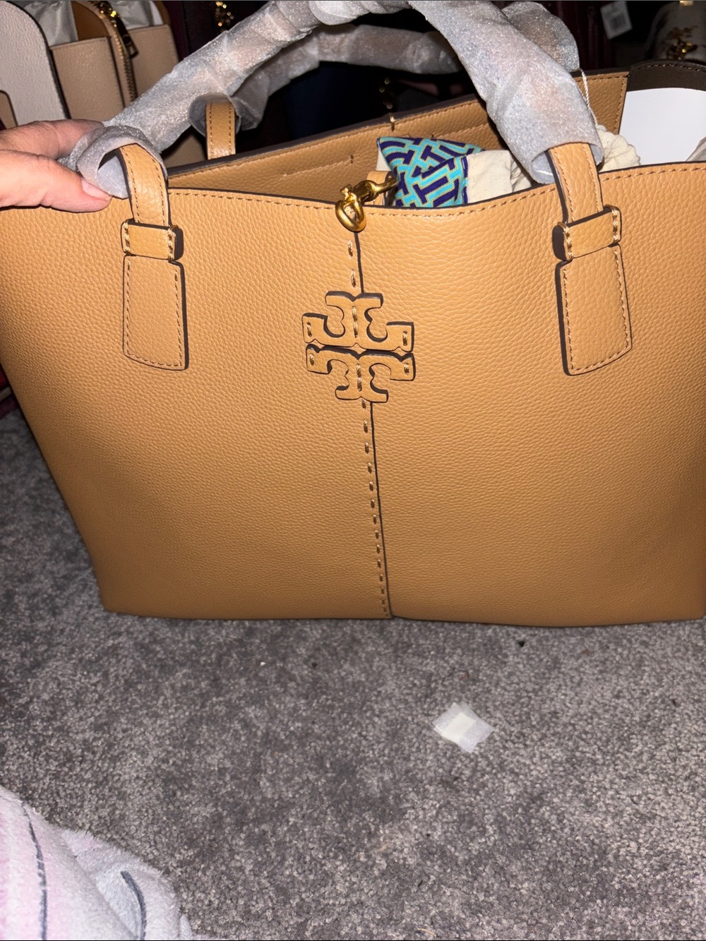 Tory Burch Camel Tan Pebbled Leather Tote with Logo